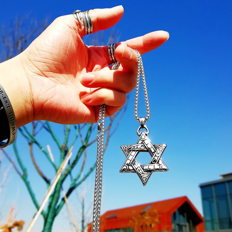WELLHOME Kpop Star of David Pendant Israel Chain Necklaces for Men Women Judaica Silver Color Hip Hop Long Chain Jewish Jewelry Boys Gift