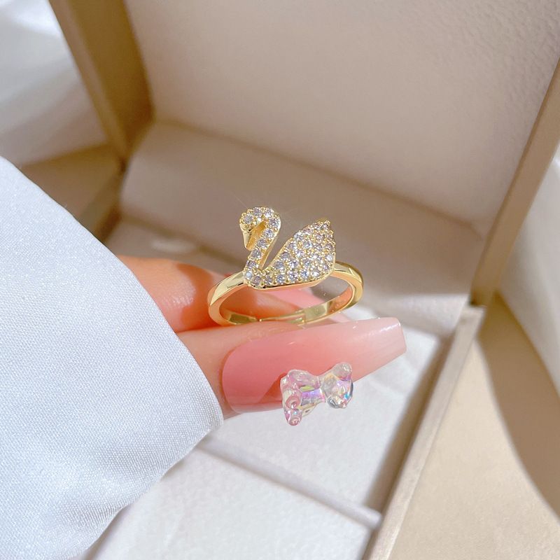 Full Paved Cubic Zirconia Swan Open Adjustable Ring Real Gold Electroplated Thin Band Finger Ring Elegant Romantic Wedding Promise Statement Hand Jewelry Minimalist Daily Matching Accessory Gift For Women Dating Banquet Party Fashion Ornament
