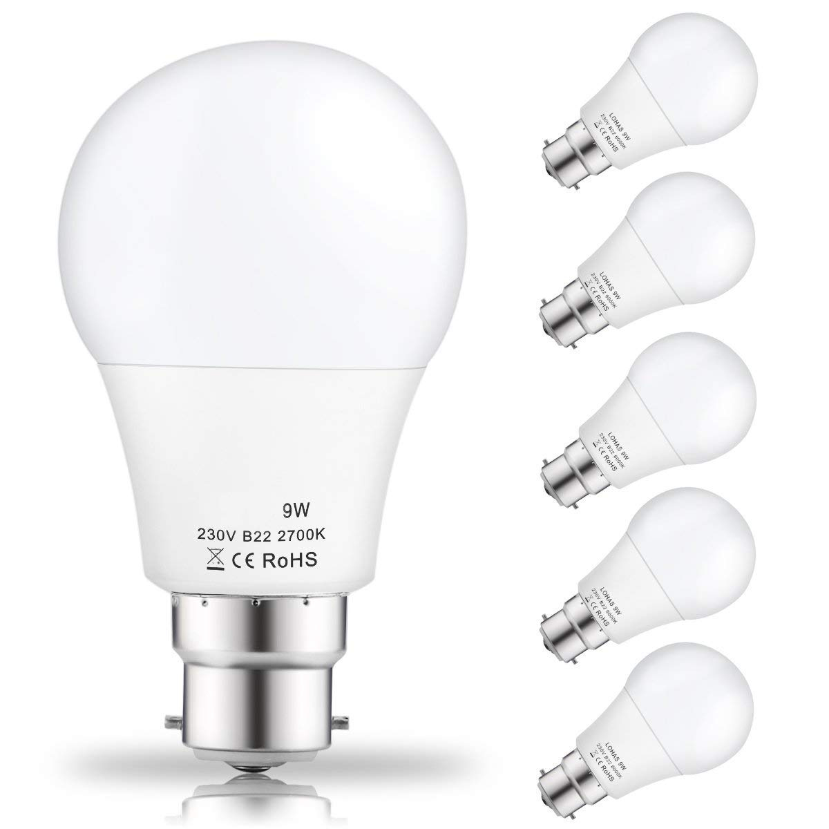 100Pcs B22 LED Lihgt Bulbs 9Watt A60 60Watt Incandescent Headlamp Equivalent Day White Non Dimmable Bayonet Lights