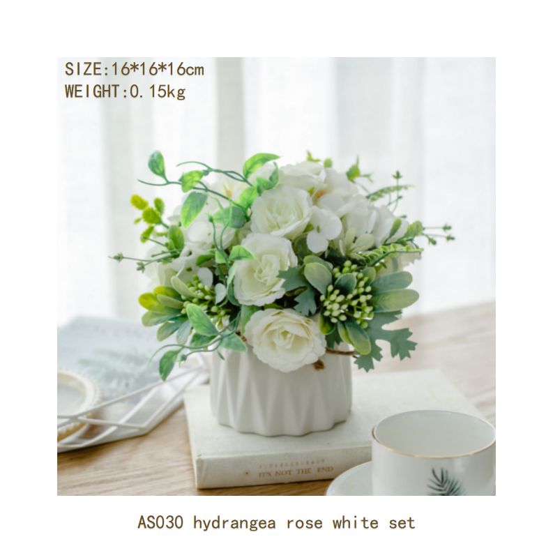 Hydrangea rose set ceramic hemp rope vase artificial flowers silk flower pastoral floral ornaments living room dining room dining table hotel wedding church venue funeral ceiling road layout home decoration flower arrangement holding flowers photo props flowerpotAS030 hydrangea rose white set
