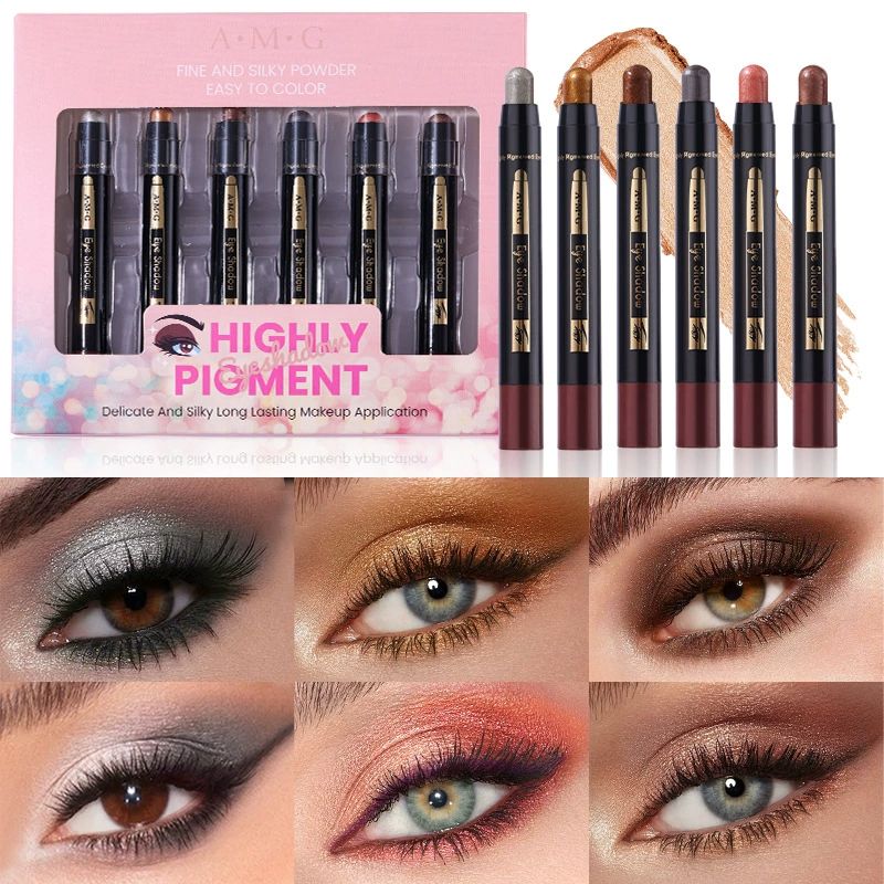 6pcs/Set Shimmer Eyeshadow Stick, Cream Eye Shadow Pencil, Waterproof Long Lasting High Pigment Glitter Eye Makeup Pen, Multi-Color Eyeshadow Stick Set For Daily Party Makeup