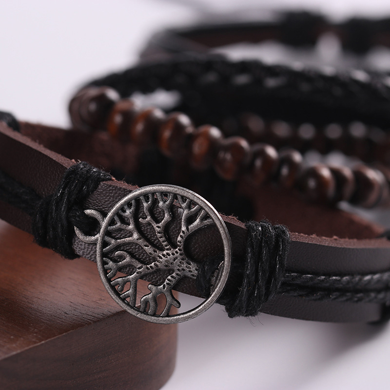 Genuine Leather Tree of life Bracelets Men Women, Tiger Eye Natural Stone Lava Rock Beads Ethnic Tribal Elastic Bracelets Wristbands