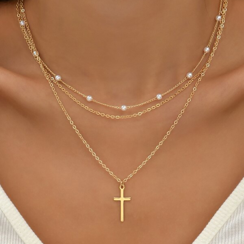 5727401 Vintage Gold Color Cross necklace Pendant Necklaces Fashion Heart Multilayer Clavicular Chain for Women Girls Jewelry New