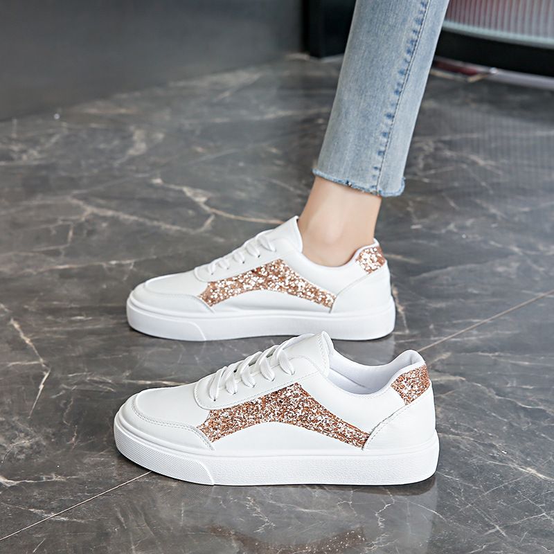 Europe and the United States large size color matching with flat small white shoes female cross-border glitter students breathable low top board shoes 1124-5