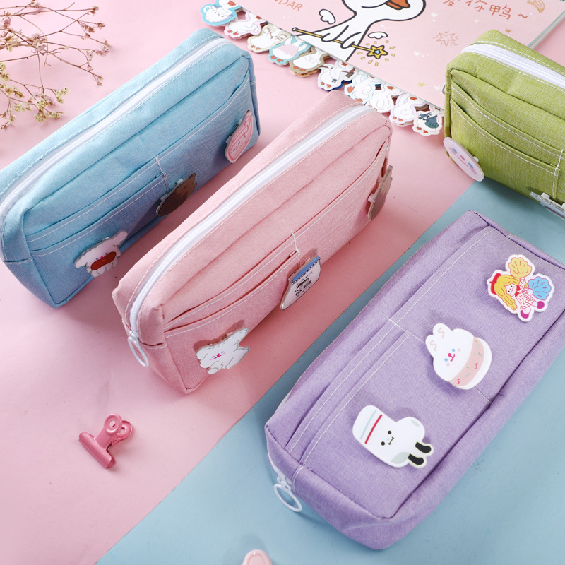 a571 Kawaii Purple Canvas Pencil Case Cute Animal Badge Pink Pencilcases Large School Pencil Bags For Maiden Girl Stationery Supplies
