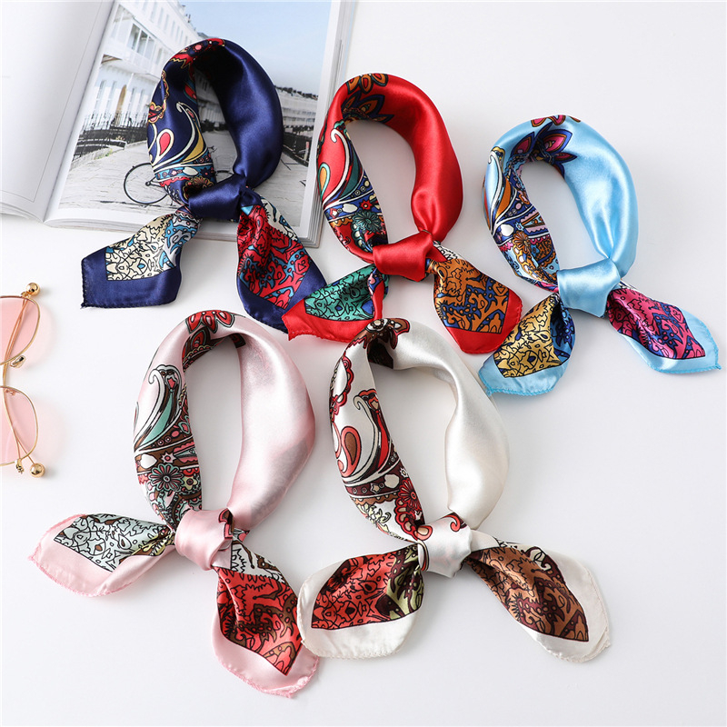 AKAKD New small square scarf 50cm simulation silk scarf female air hostess white collar career scarf fashion stripes leopard print small silk scarf
