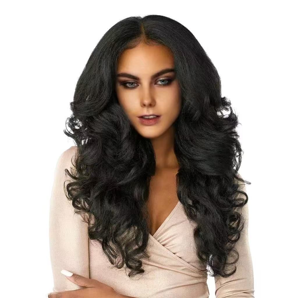 Cross-border wig front lace wig European and American long curly hair big waves middle part Amazon hot-selling wigblack