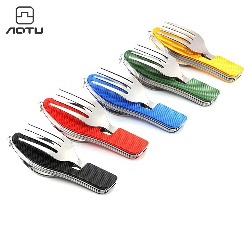 AT6386 Outdoor Tableware Set Camping Cooking Supplies Stainless Steel Spoon Folding Pocket Kits Home Picnic Hiking Travel Tools
