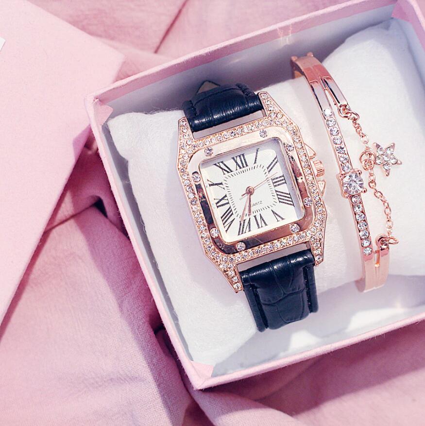 Women Square Diamond Bracelet Watches Set Ladies Leather Band Quartz Wristwatches Female Clock pink