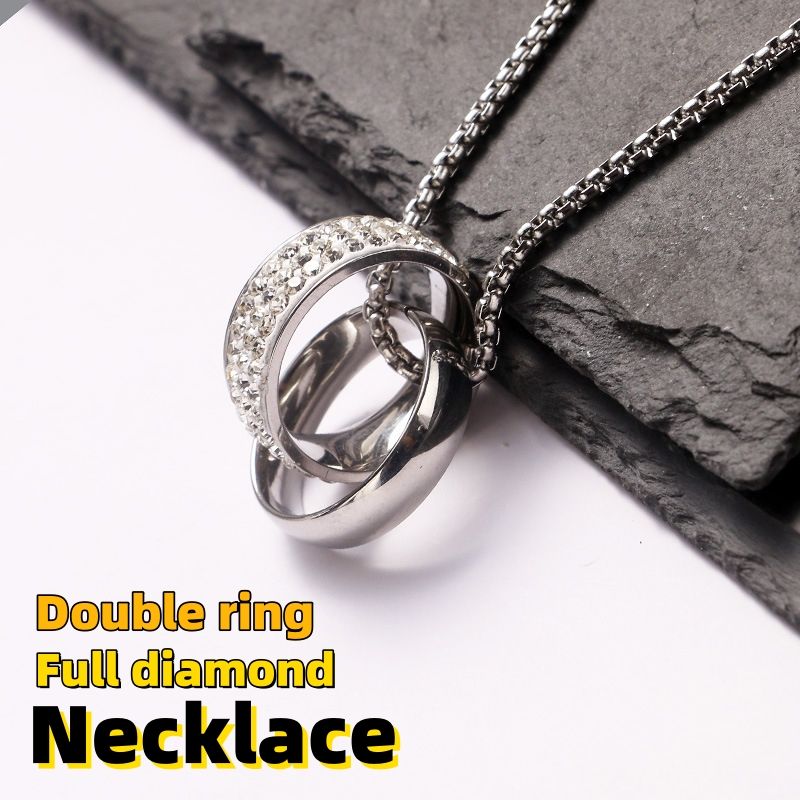 Titanium steel double ring full diamond necklace CRRSHOP free shipping Hip hop men's stainless steel pendant necklace