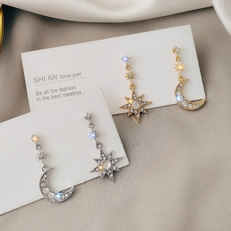 M1029M1030 Women's Simple Diamond Star Moon Asymmetrical Earrings Jewelry Gift