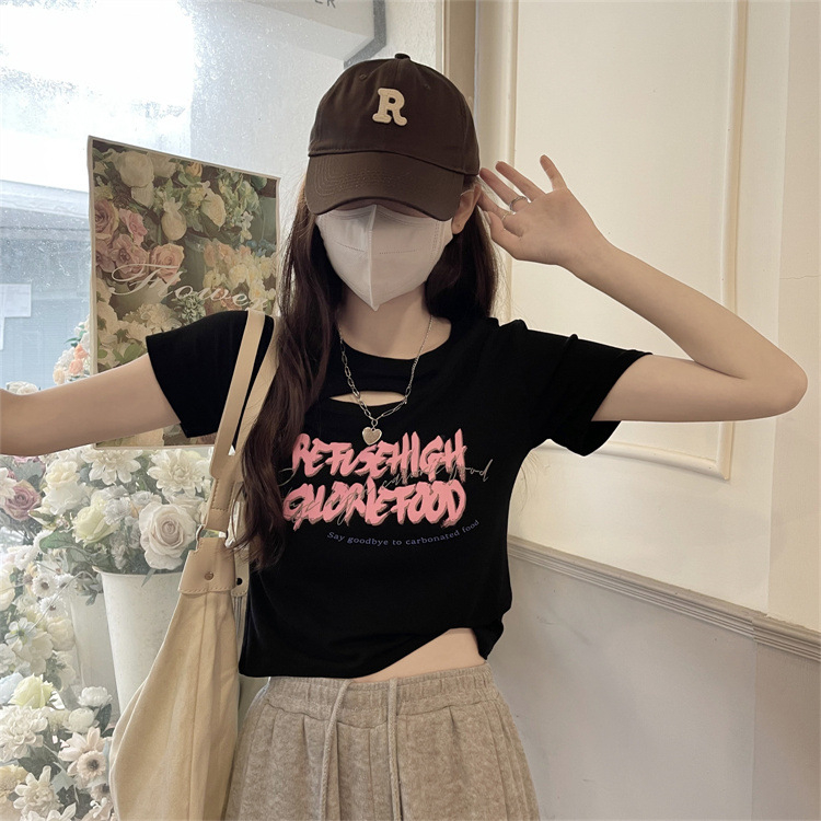 WYP-6791 Women's Fashion Loose Cutout Design Sense Printed Slim Slim Cropped T-shirt