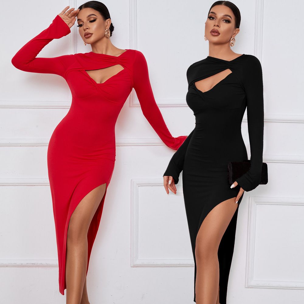 WDCG2620 Women's Fashion Long Sleeve Hip Tight Skirt Slit Solid Color Dress