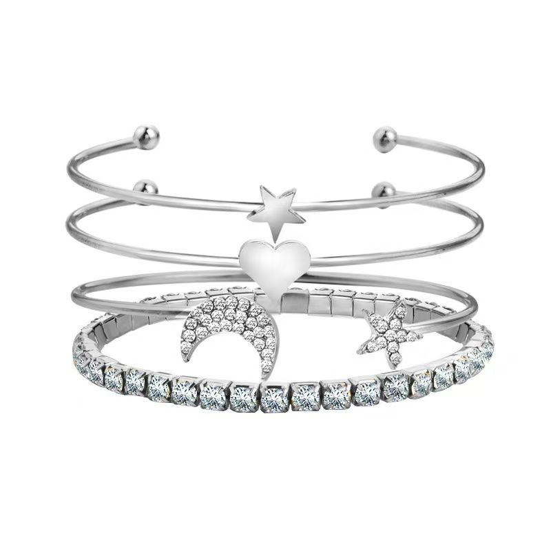 4pcs/Set Vintage Fashion Charm Star Moon Bracelet for Women Personality Gold-plated Stainless Steel Bracelet Punk Jewelry SetsSilver