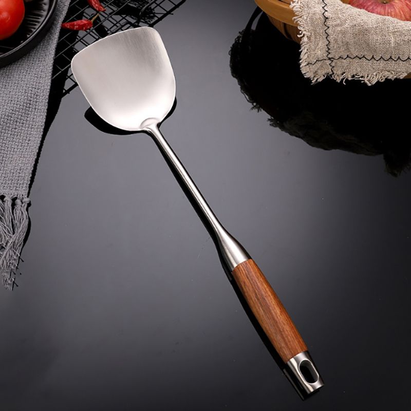  Portable Pure Titanium Spatula With Long Wood Handle Cooking Tool 