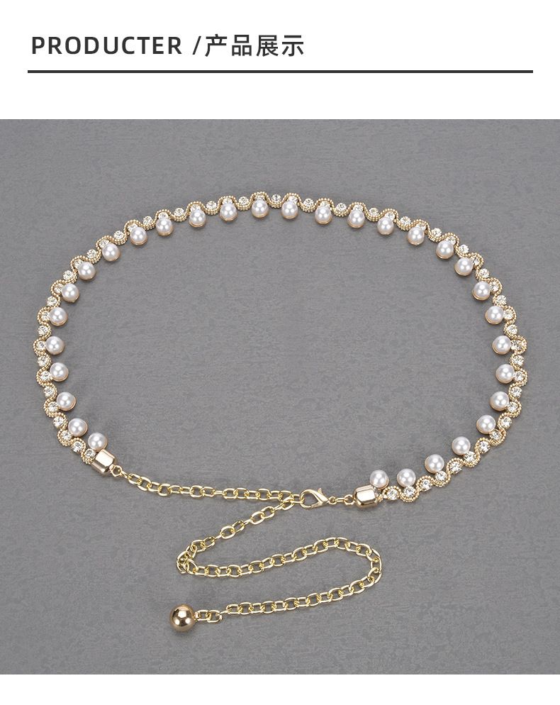 11034 Women's Fashion Inlaid Rhinestone Pearl Thin Waist Chain Decorated Dress Waist Chain