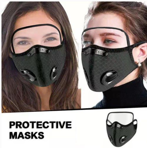 Detachable Eye Shield Activated Carbon Cycling Face Mask, 5-Layer Filter Breathable Mesh Sports Mask With Breathing Valves, Dustproof Windproof Protective Cover For Motorcycle Riding Outdoor Workout, One Size Fits All, Multiple Solid & Printed Colors Available, Custom Logo Supported
