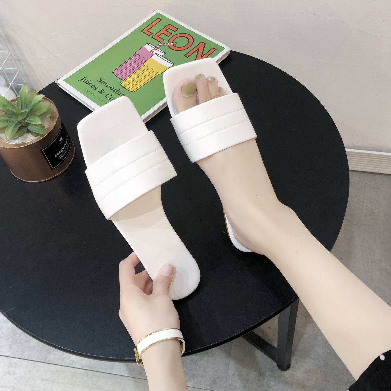 nxc58 Women's Flat Sandal Slip-on Square Open Toe Slides Slippers