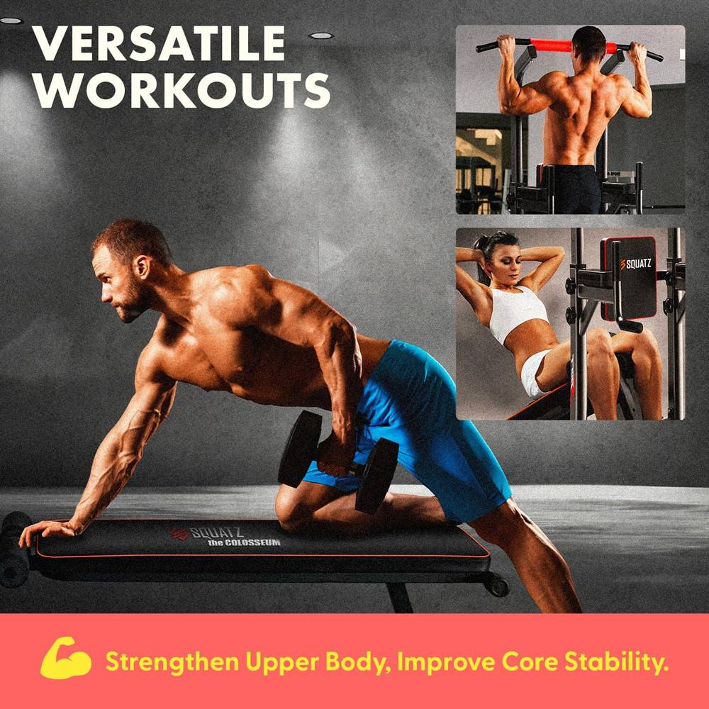 Pull-Up Workout Station with Bench - Multifunctional Gym Equipment Setup w/Pulling Bar, Sit-Up Board, Backrest, Elbow Pad, & Steel Main Frame, Great for Home Exercise and Weight Training