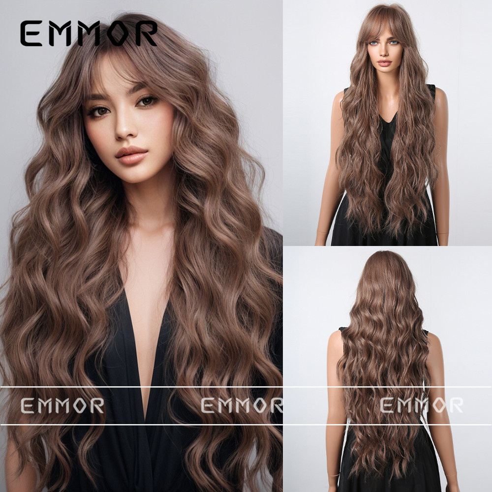 Long hair eight-figure fringe European American style brown long curly hair big wave simulation full head wig woman lc1061