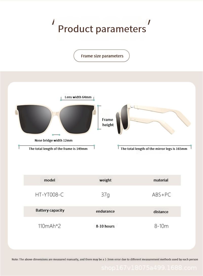 AI smart sunglasses with Bluetooth, polarized lenses, UV and blue light protection, music and call functionality, transparent design, and interchangeable lenses.
