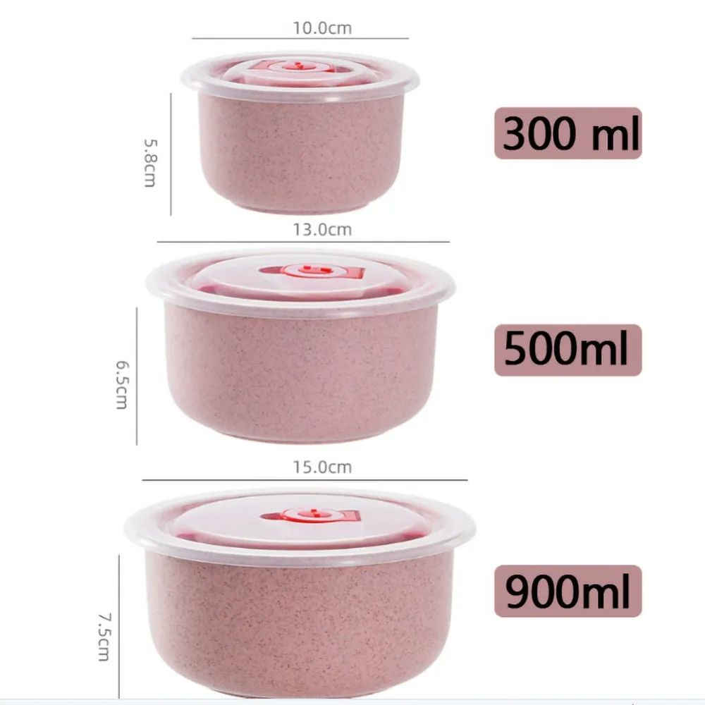 3PCS/Set Wheat Lunch Bowl Box Round Lunch Box With Lid Can Be Microwave Sealed Bowl Kitchen Supplies Storage Box