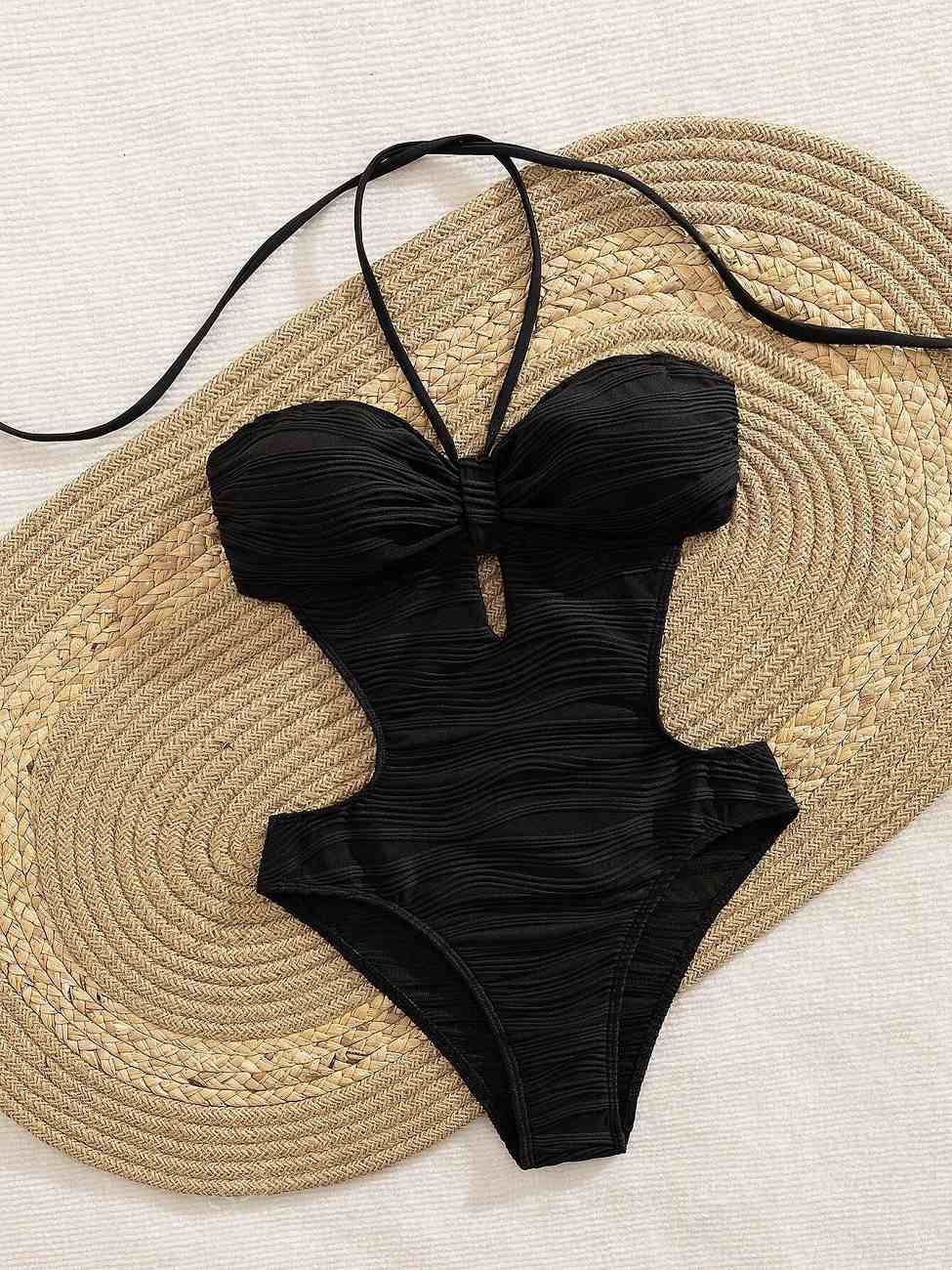 Women Textured Solid Black One Piece Swimsuit Front Bow Cutout Waist Hollow Out Back Halter Tie Strap Bathing Suit Quick Dry Stretch Slim Fit Monokini Swimwear S-XL Summer Beach Pool Vacation Ladies Swimming Outfit
