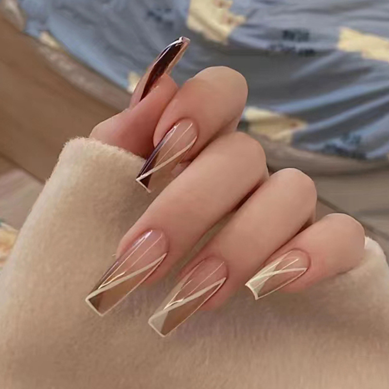 R613 24 Pcs Glossy Press on Nails, Super Long Coffin French Khaki Gradient Line Prints Fake Nails, Full Cover Artificial False Nails for Women and Girls
