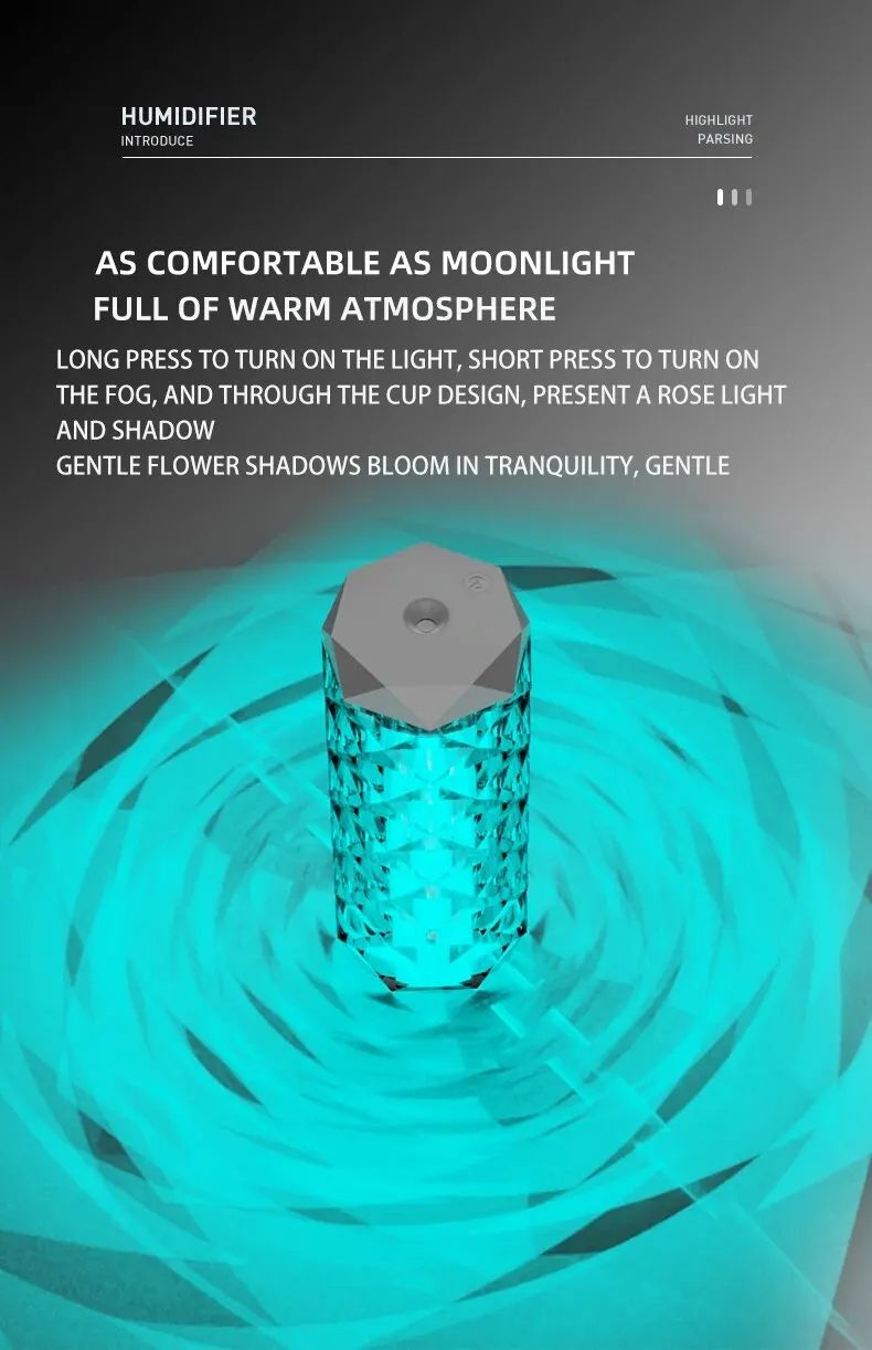 Crystal Lamp Humidifier with Colorful Atmosphere Light Silent Ultrasonic Humidifier 2 Adjustable Mist Modes for Home Bedroom
