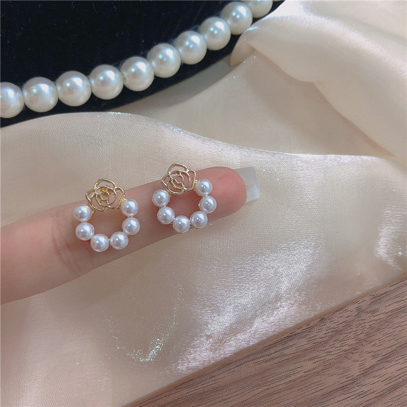Women's Simple Pearl Rose Stud Earrings Jewelry Gift