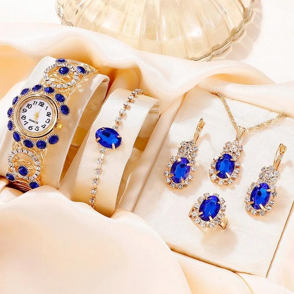 6pieces Set Ladies Wrist Watch + Bracelets+ Necklace+Ring+Earrings