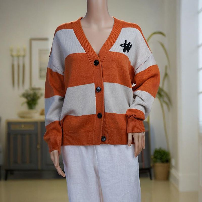 Wool Knit Embroidered V-neck Orange and White Cardigan Sweater