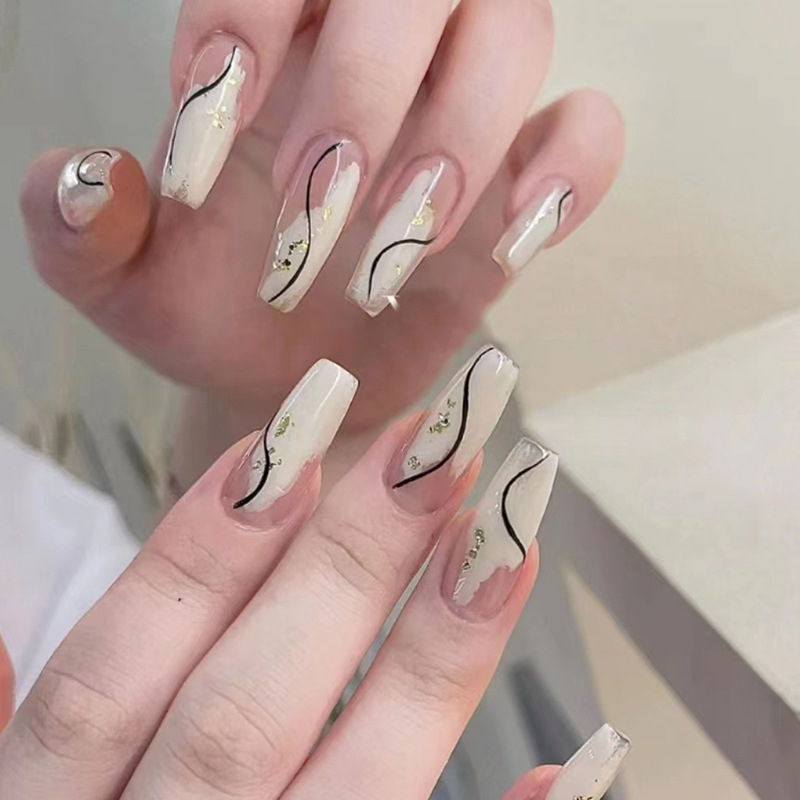 R494 24 Pcs Glossy Press on Nails, Super Long Coffin Glitter Line Pattern Fake Nails, Acrylics Full Cover False Nails for Women and Girls