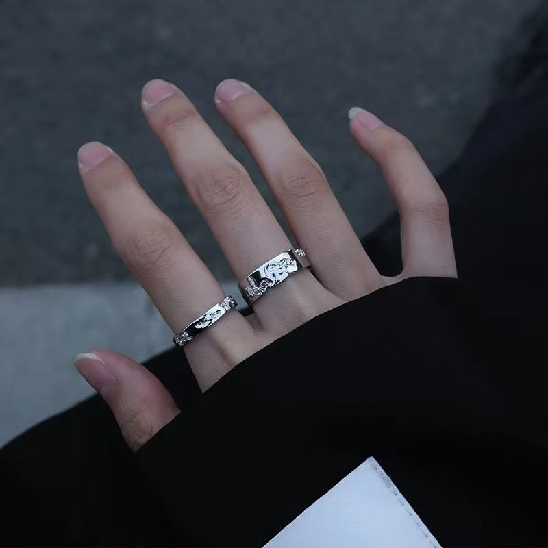 A57 Men's and Women's Silver Muscle Texture Zircon Set Ring Couple Opening Ring Jewelry