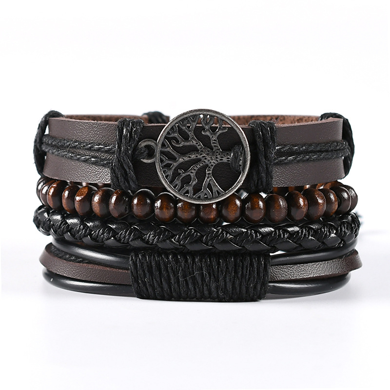 Genuine Leather Tree of life Bracelets Men Women, Tiger Eye Natural Stone Lava Rock Beads Ethnic Tribal Elastic Bracelets Wristbands