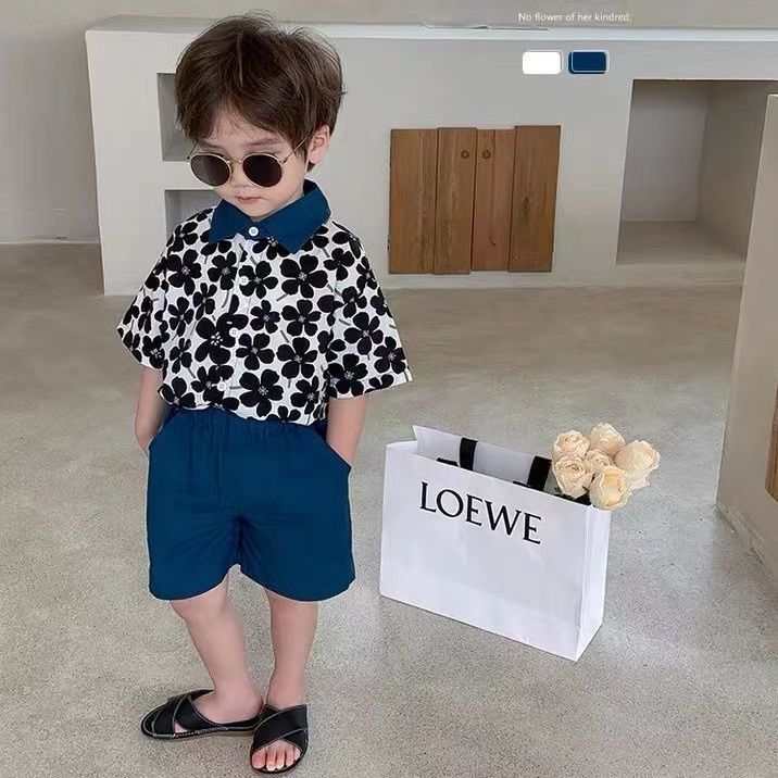 Boys niche vintage short-sleeved shorts Polo collar floral shirt set 97040