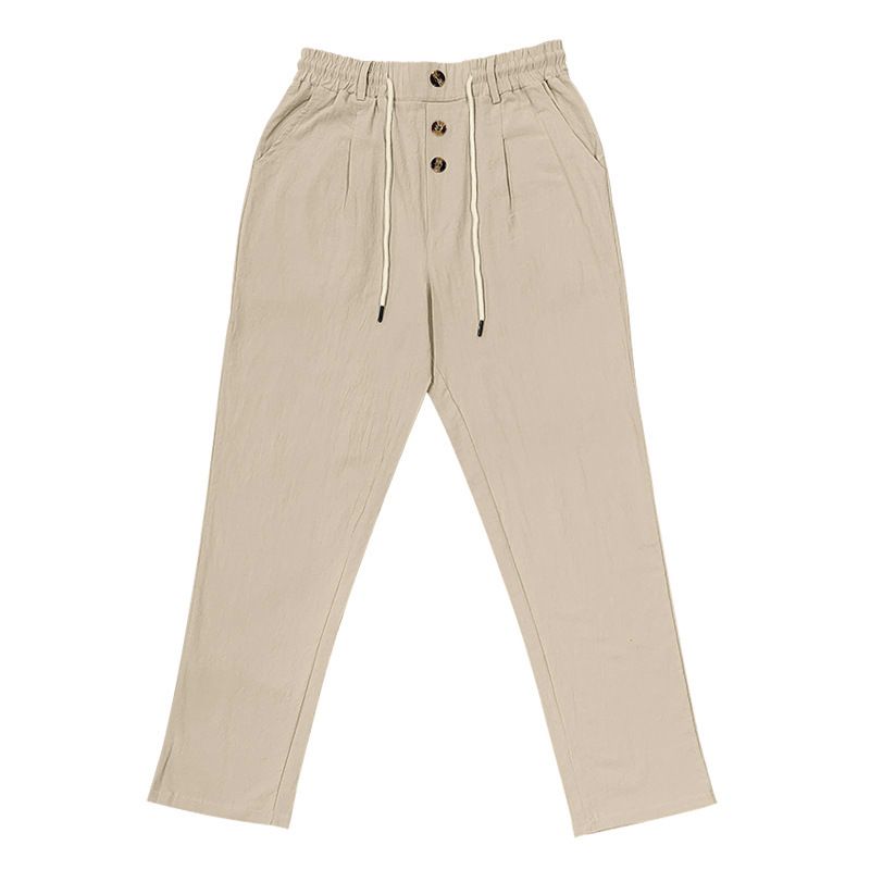 Men's Bottoms Pants Casual American Men's Cotton Linen Pants Button Decoration Drawstring Summer Beach Pants Straight Tube Solid Color Breathable Pants