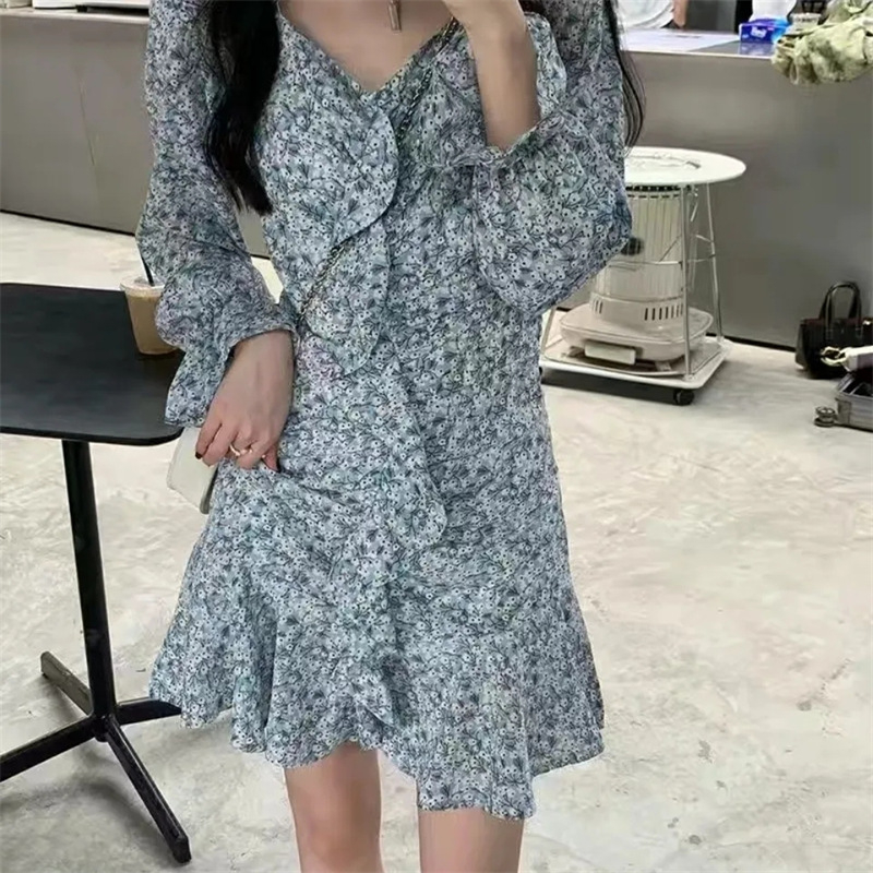 6030 Women's Fashion Gentle Floral Ruffle Design Sense Pleated Long Sleeve Short Dress