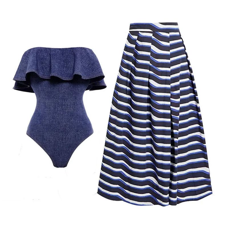 Women's One Piece Swimsuit Vintage Denim Off Shoulder Ruffled Bathing Suits with Beach Cover up Wrap Skirt

