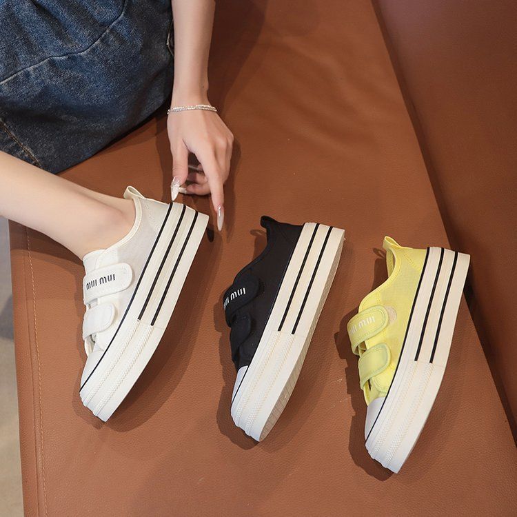 New Velcro canvas shoes for women in summer 2025, solid color thick-soled white white sneakers, school-style running casual shoes