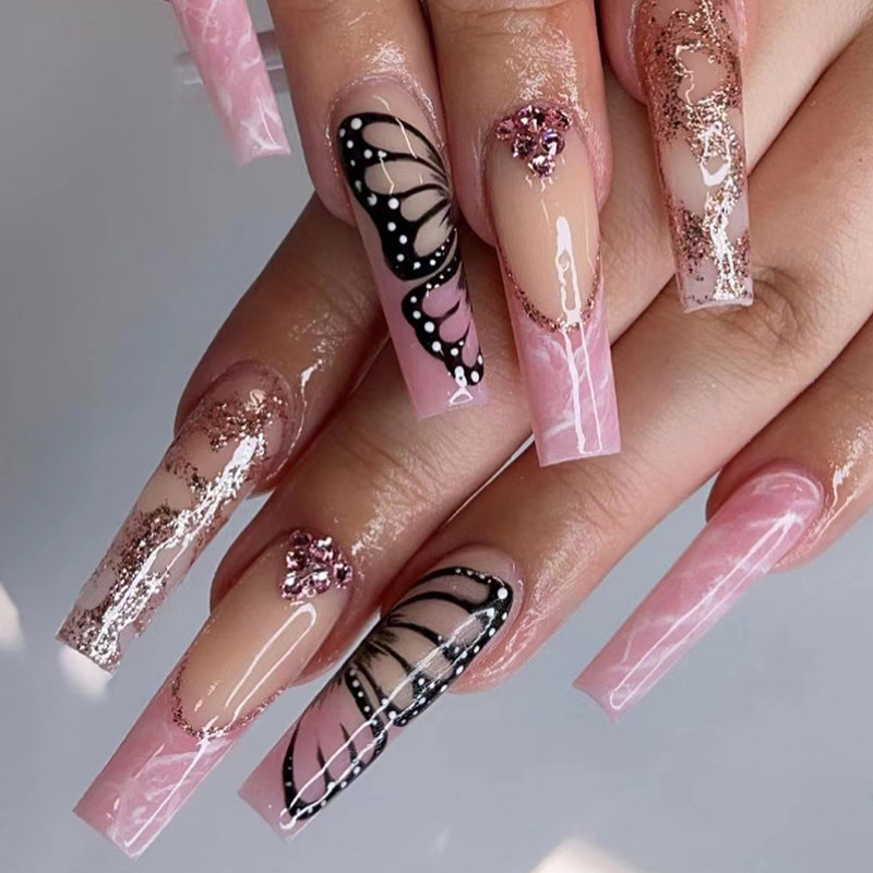 JP1467 24 Pcs Glossy Press on Nails, Super Long Coffin Rhinestone Butterfly Gold Foil Glitter Fake Nails, Full Cover Artificial False Nails for Women and Girls