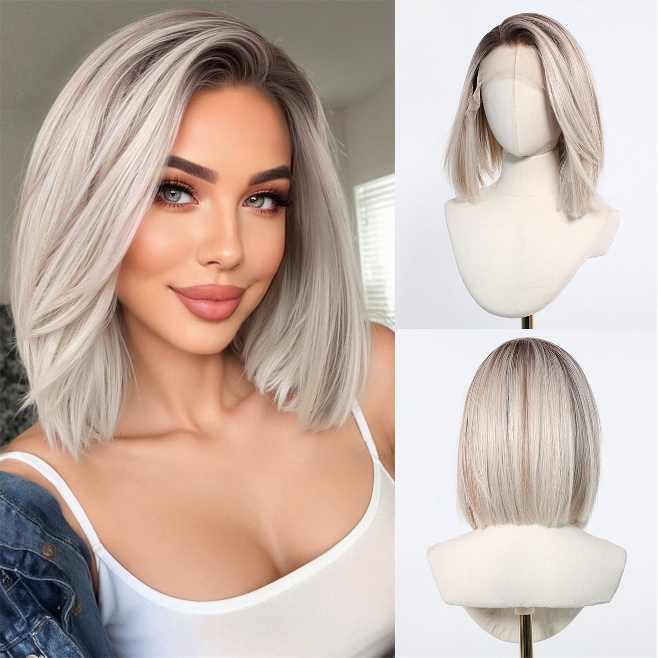 New 13 * 6 Large Area Lace Wig Gradient White Gold Wave Head Free Seam Breathable Mesh Head Cover
