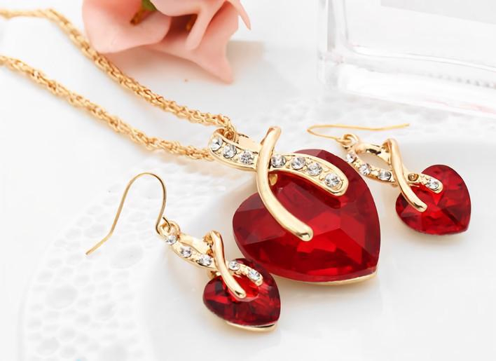 Huadeer Vintage Female Rainbow Crystal Jewelry Set Charm Gold Color Dangle Earrings For Women Simple Love Heart Wedding Chain Necklace