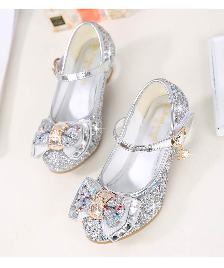 Dress Shoes Autumn New Girls' Small High-Heeled Leather Shoes Sparkling Shoe upper with Bow Decoration for Children's Dance Shoes