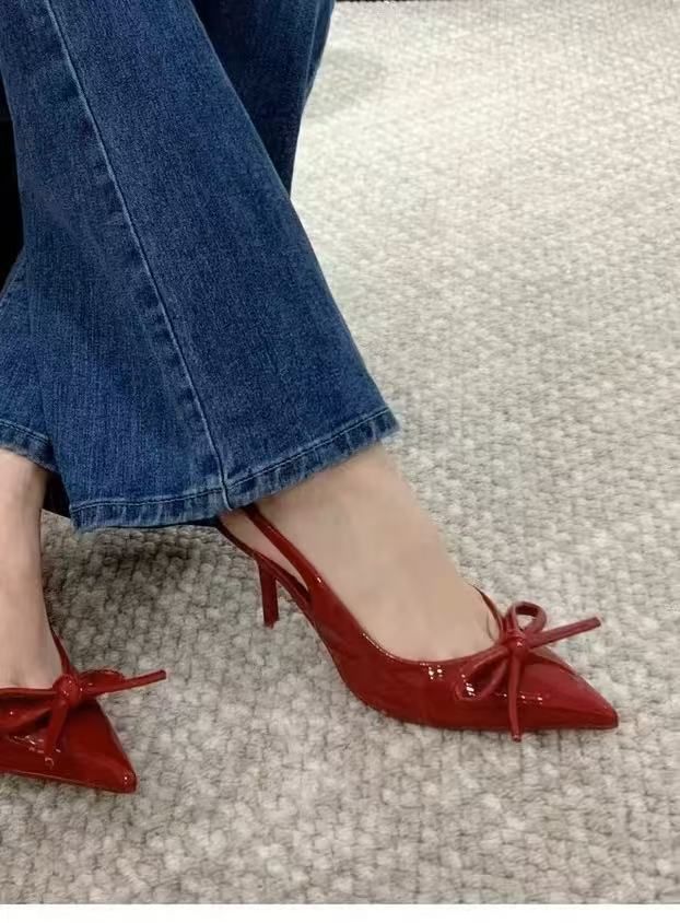 European and American style bow high-heeled pointed-toe sandals for women in summer 2025, red patent leather pointed-toe mules single shoes