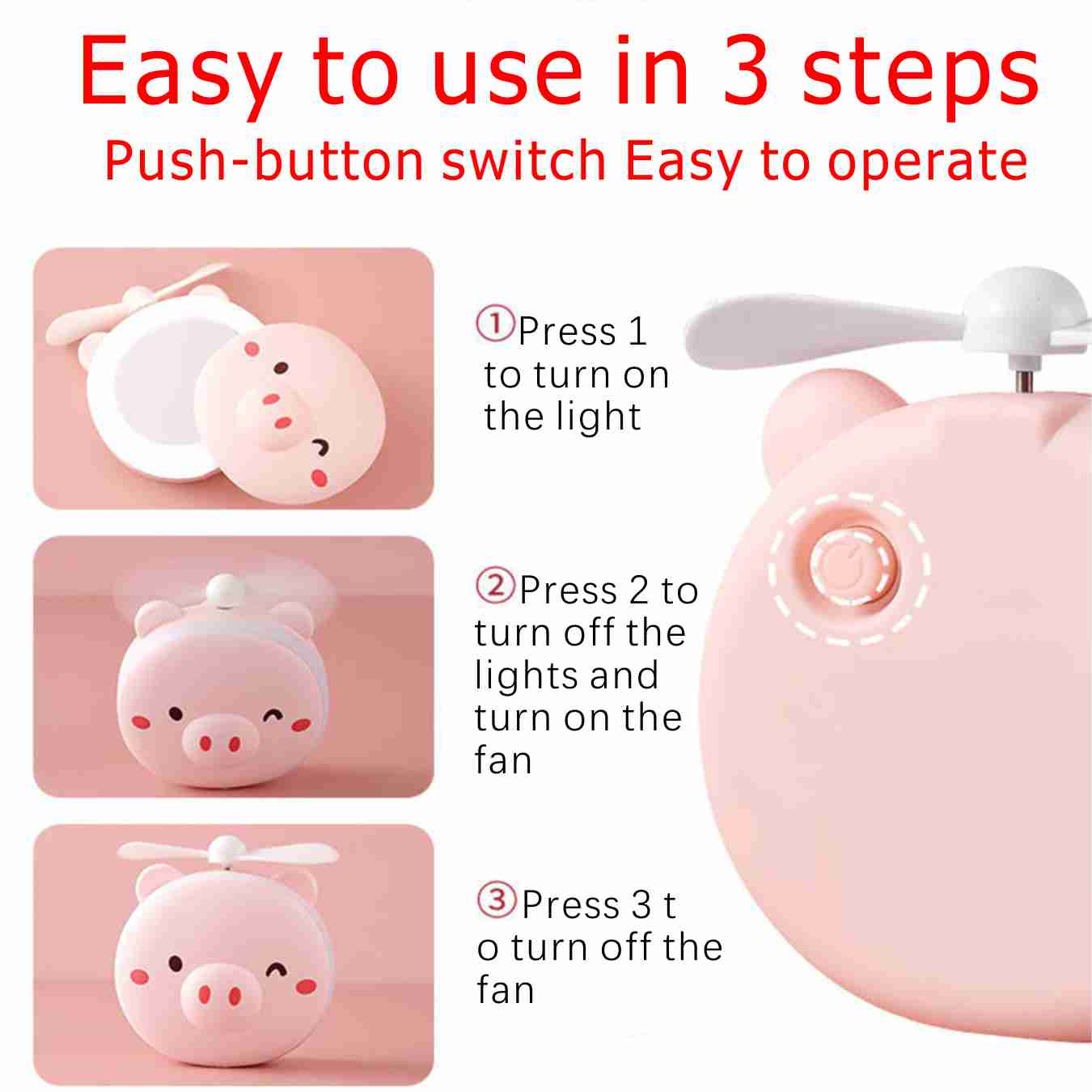 Pink Cartoon Pig Makeup Mirror Portable Rechargeable Led Light Makeup mirror Mini Fill Light Mirror Fan Mirror