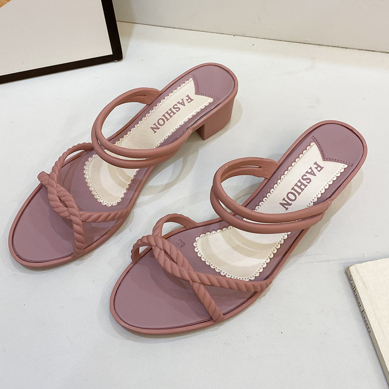 DC273 women's mid-heeled shoes casual beach sandals versatile solid slippers
