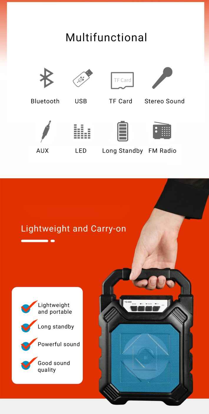 LLT 668 Bluetooth Speaker with Handle Portable Bass Stereo Subwoofer Wireless Speaker Black