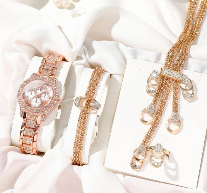 5pieces Set Ladies Wrist Watch + Bracelets+ Necklace+Ring+Earrings - Rose Gold