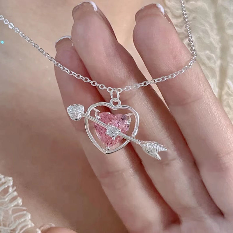 X77 Women Cupid Eros Arrow Heart Pendant Necklace Pink Crystal Necklace Jewelry